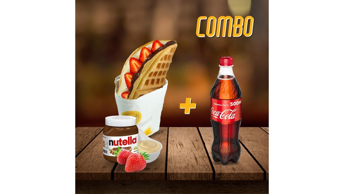 Waffle, Nutella, Ciocolata Alba (Choccolina White), Capsuni Fresh + Coca Cola