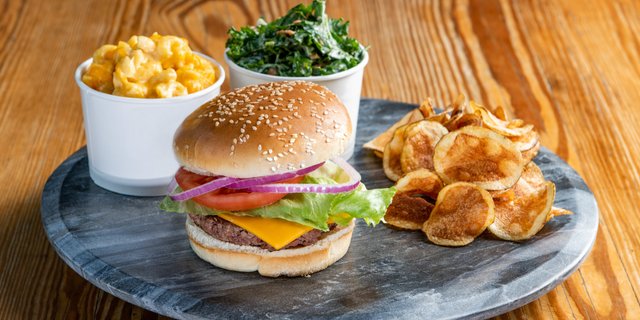 Burger, Chips, Kale Slaw + Mac and Cheese