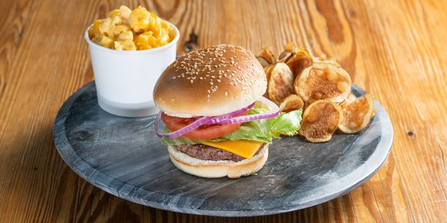 Burger, Chips + Mac and Cheese