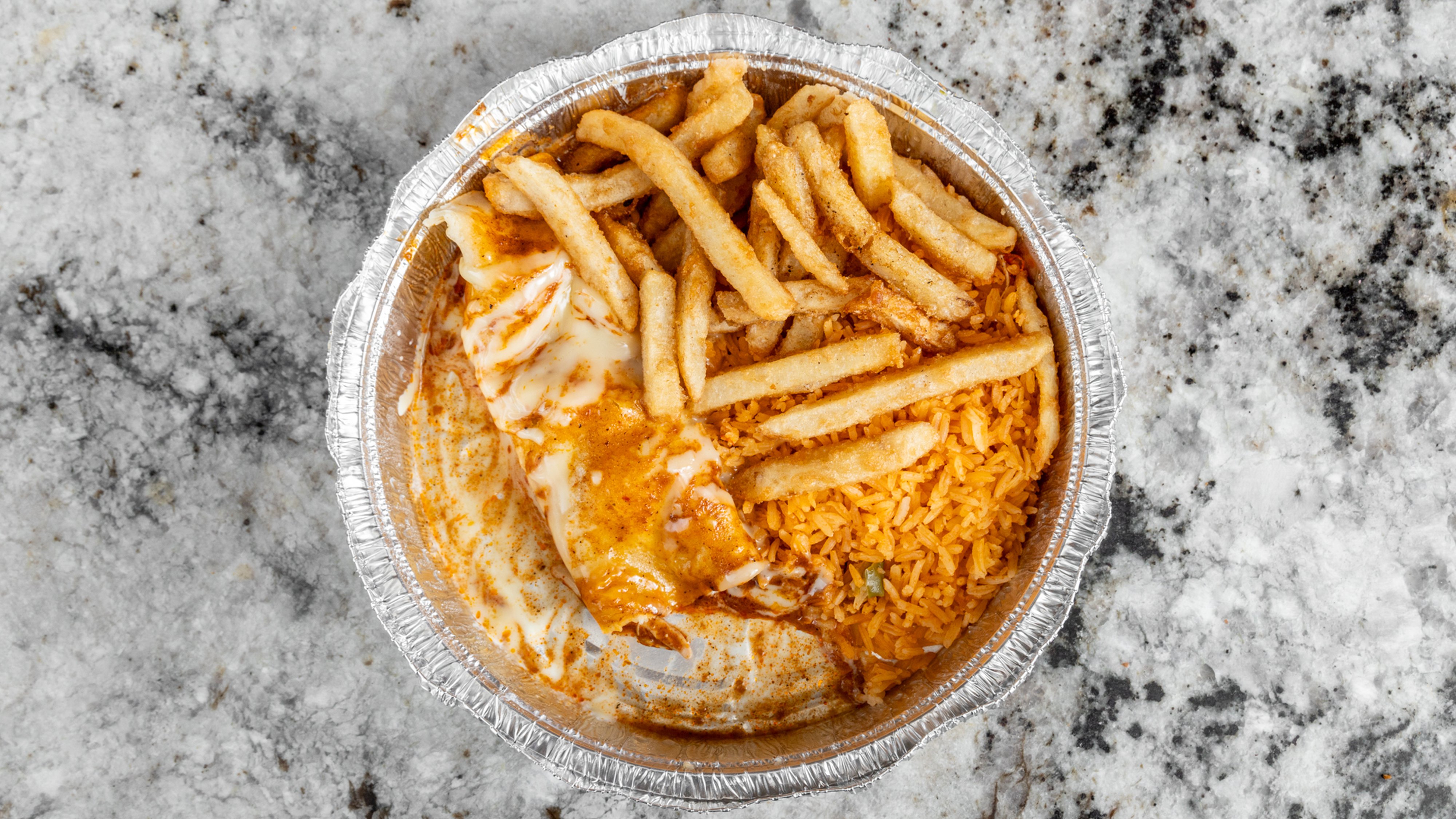 1. Enchilada, Spanish Rice and Fries