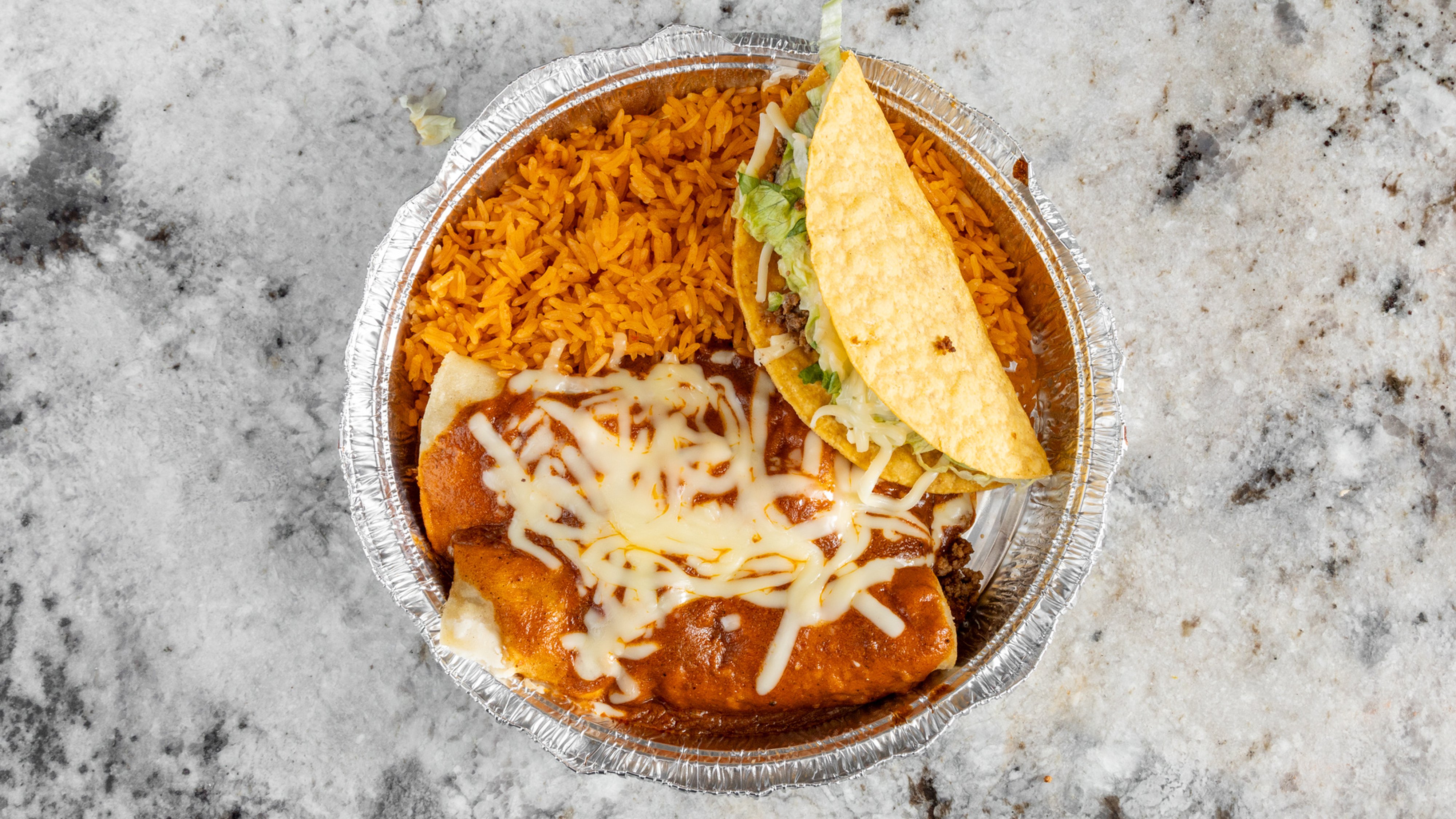 1. One Taco, Two Enchiladas and Spanish Rice