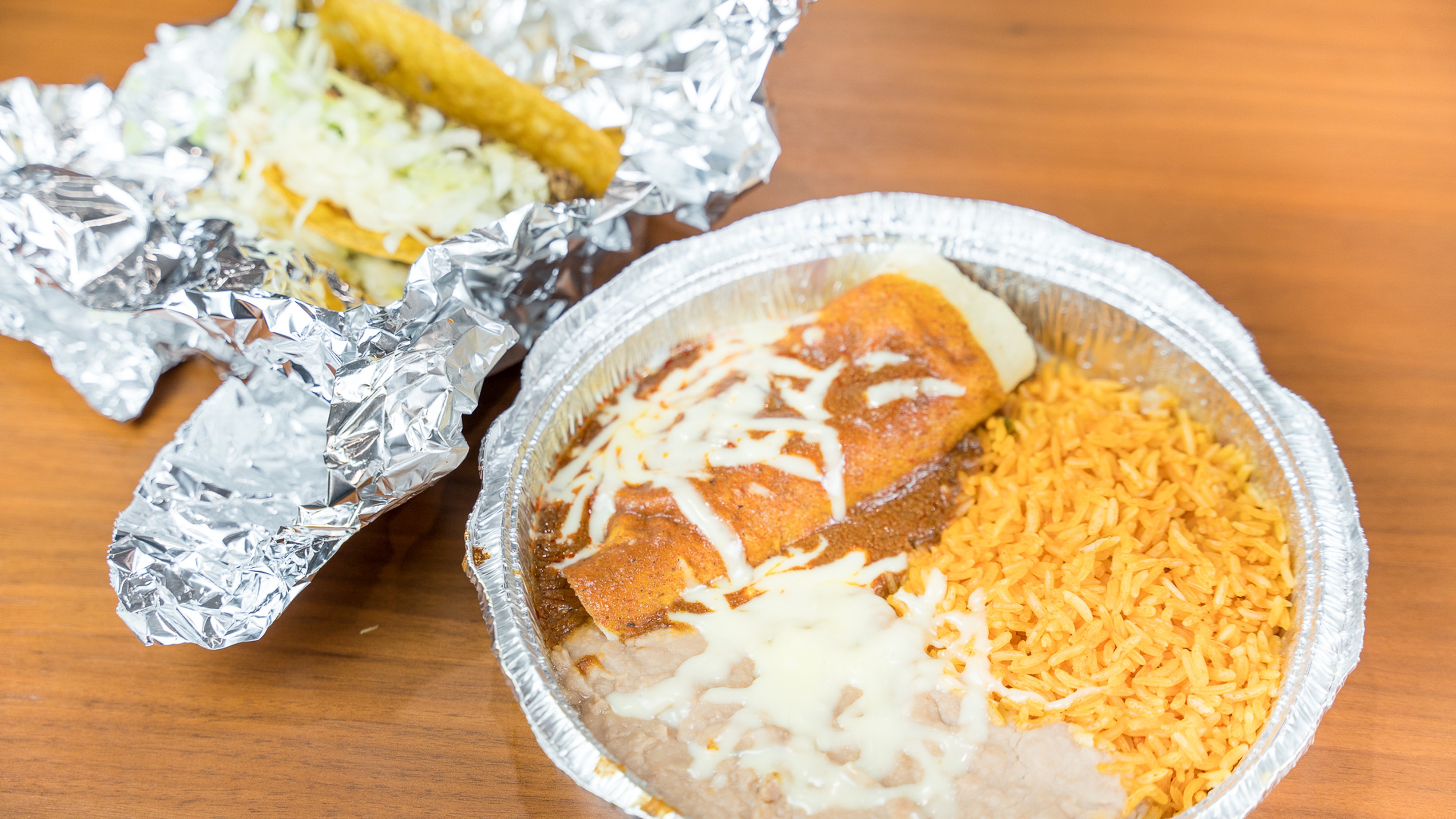 6. One Beef Enchilada, One Taco, Rice and Beans