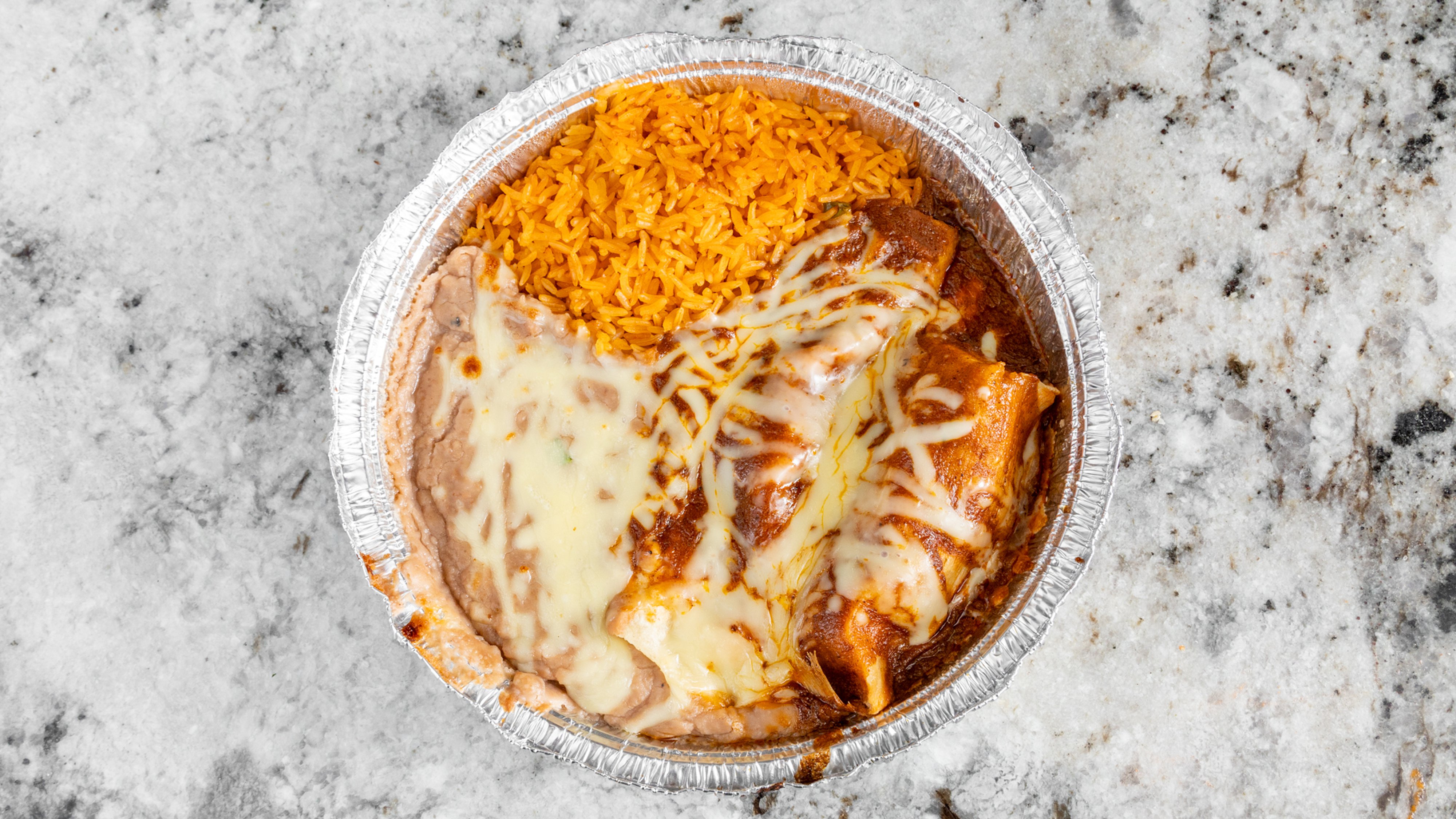 8. One Enchilada, One Tamale, Rice and Beans