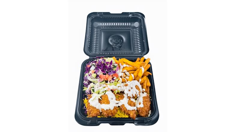 Coconut Battered Butterfly Shrimp Over rice platter