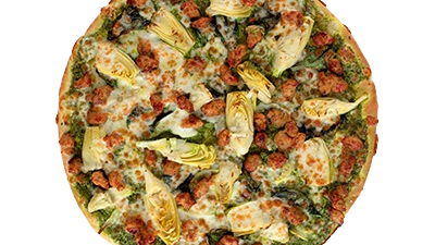 Gluten Free Chicken Sausage, Artichoke and Pesto Pizza