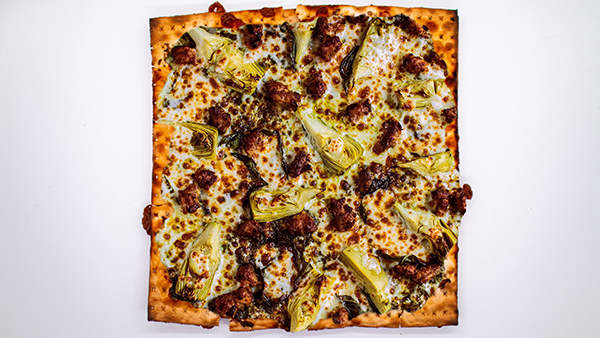 Matzah Chicken Sausage, Artichoke and Pesto Pizza