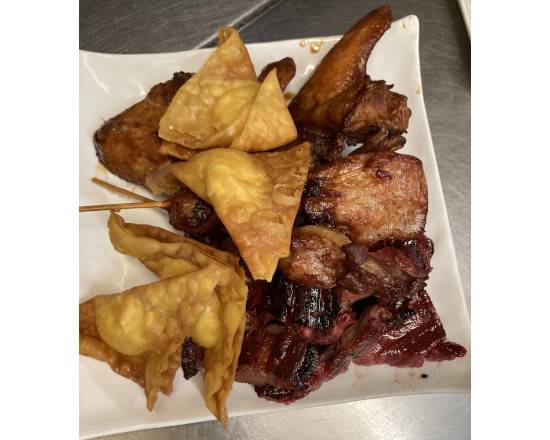 Chicken Wing (3 pcs), Boneless Spareribs (3 pcs), Chicken Teriyaki (2 pcs), and Crab Rangoons (4 pcs)