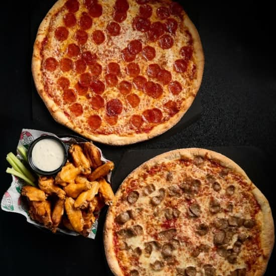 Two 16" 1-topping pizzas and 20 Wings