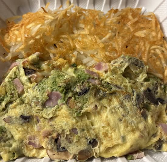 Avocado, Mushroom, Jack Cheese, Ham, and Sour Cream Omelette