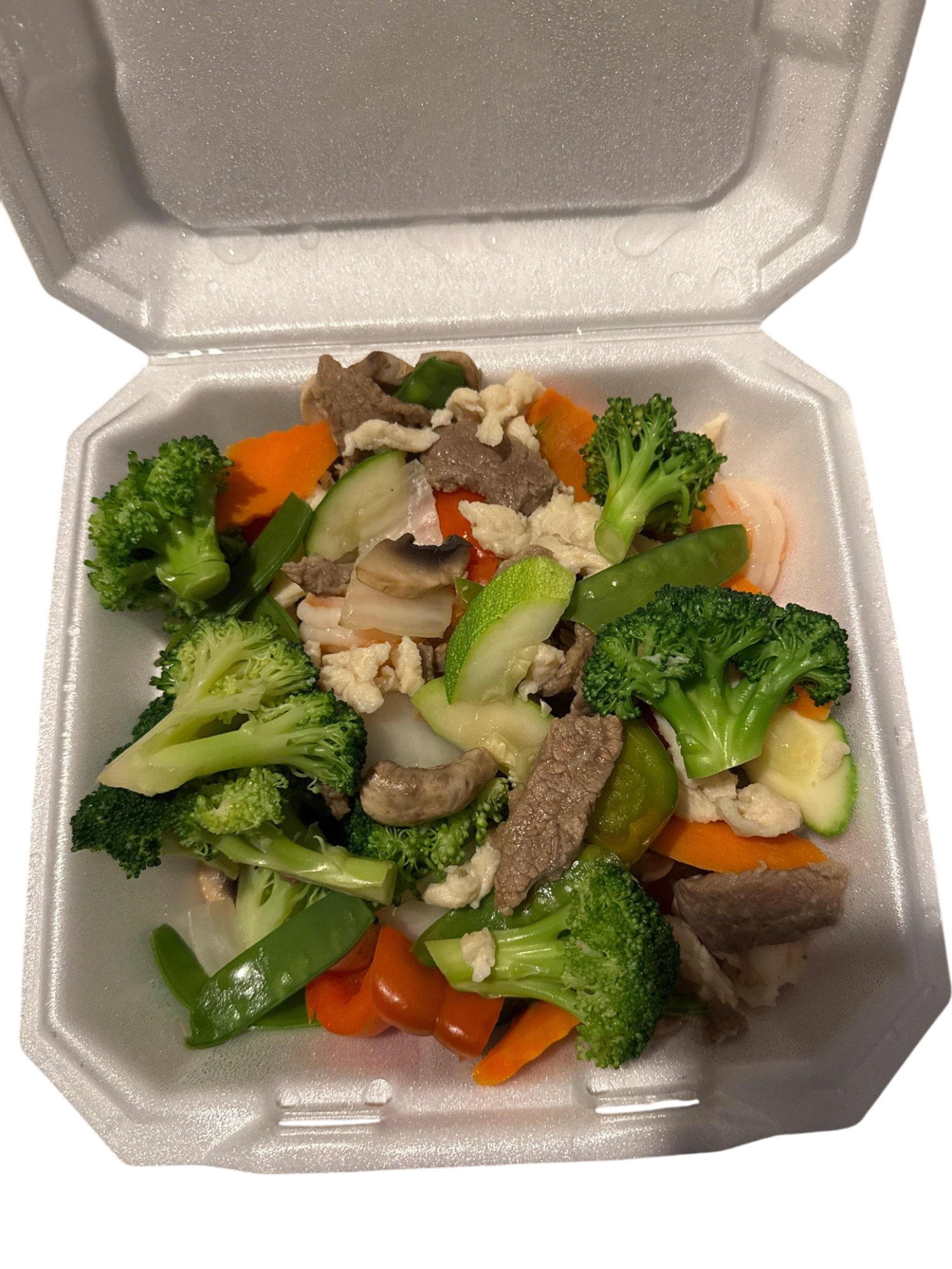 Steamed Shrimp, Chicken, Beef with Mixed Vegetables / 蒸什菜三鮮
