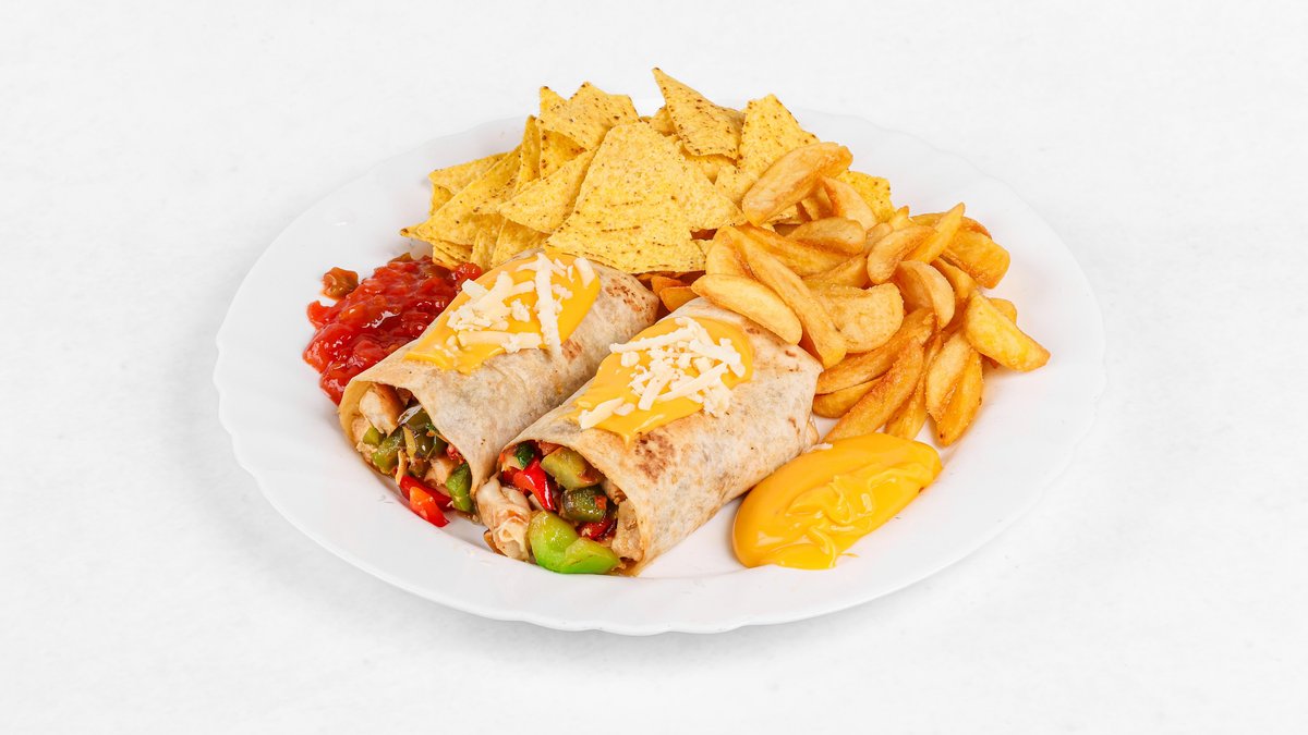 Tortilja z nadevom po izbiri, krompirčkom in koruznim čipsom