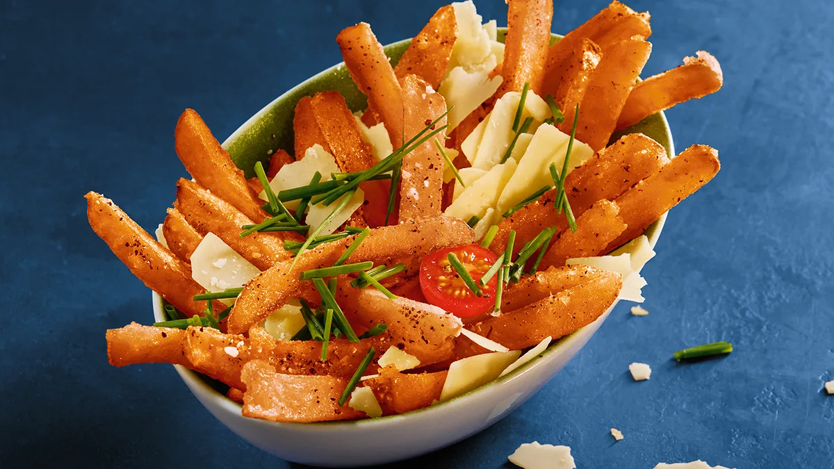 Knoblauch-Käse-Süsskartoffel-Fritten