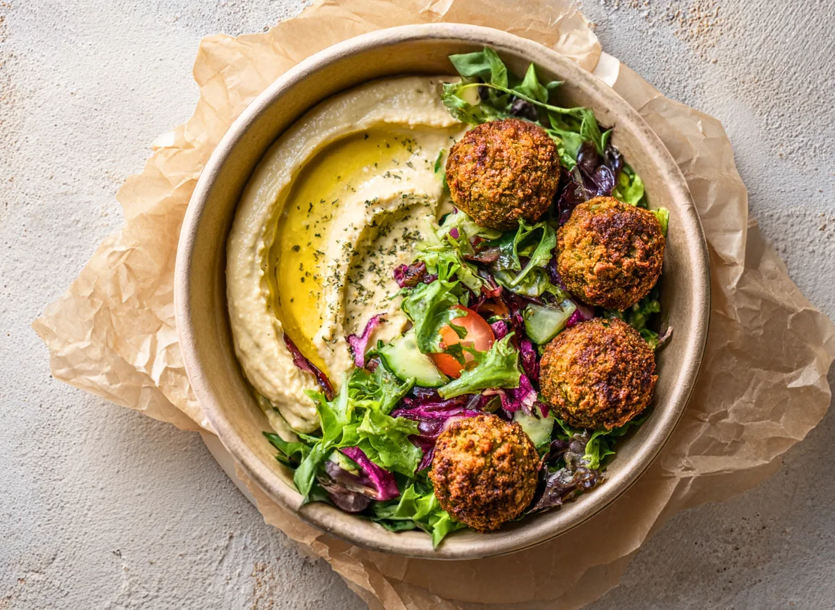 Hummusz friss, ropogós kevert salátával, falafel golyókkal, pitával