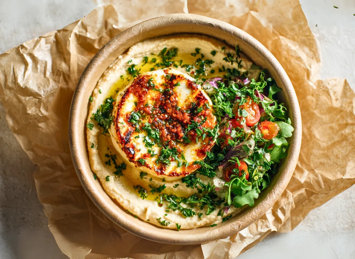 Hummusz házi pácolt mozzarella sajttal, friss zöldségágyon, görög pitával