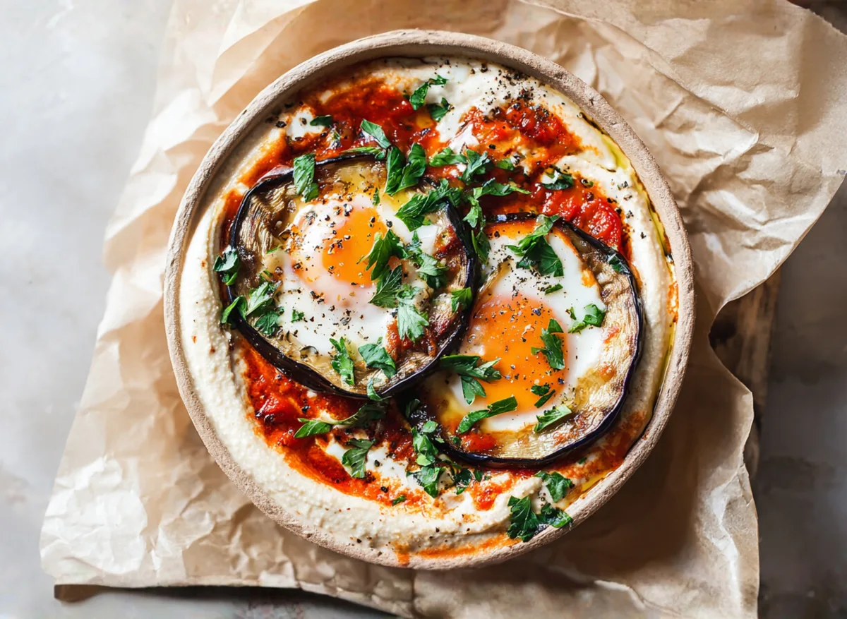 Shakshuka hummusszal és padlizsánnal pitával