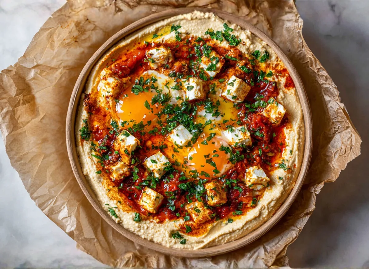 Shakshuka sajttal, pitával (és hummusszal)