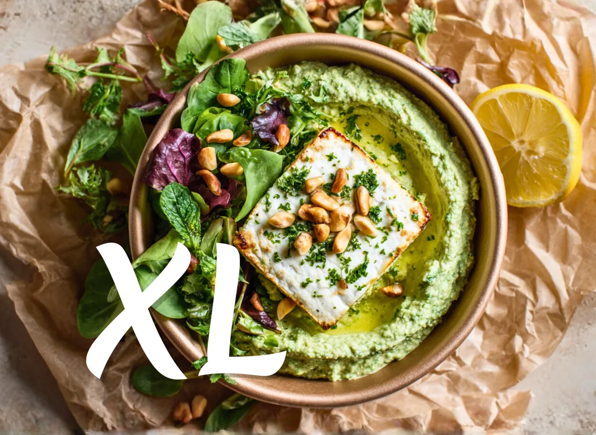 XL Feta sajtos spenótos hummusztál, görög pitával