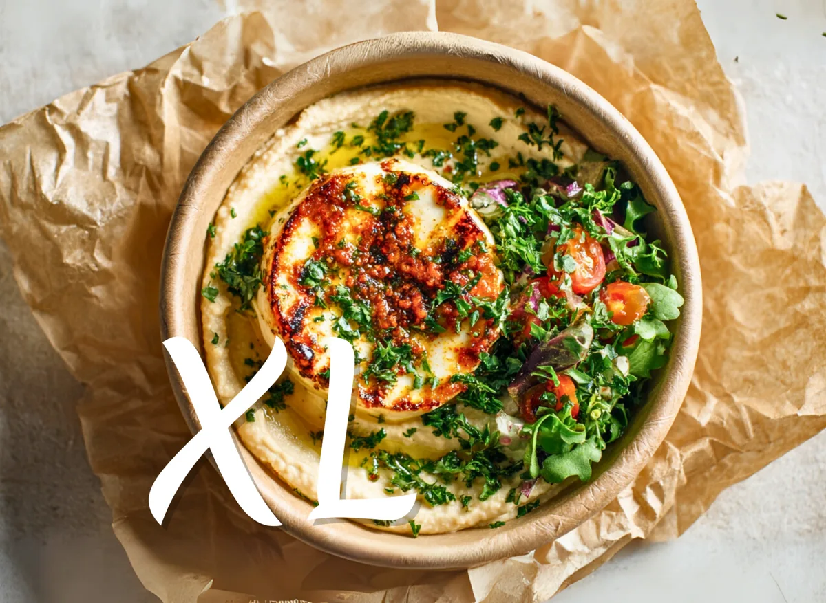 XL Hummusz mozzarella sajttal, friss zöldségágyon, görög pitával