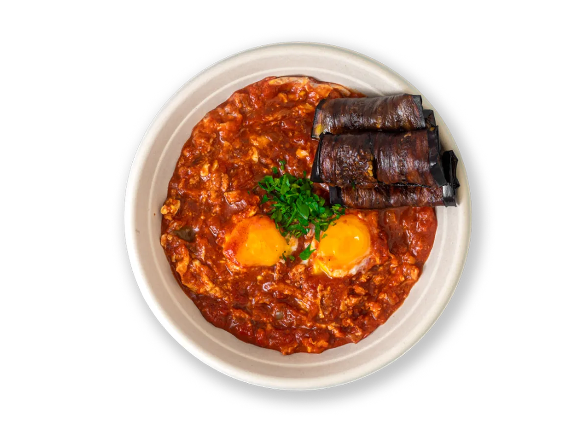 Shakshuka with Fried Eggplants, fresh warm laffa / pita