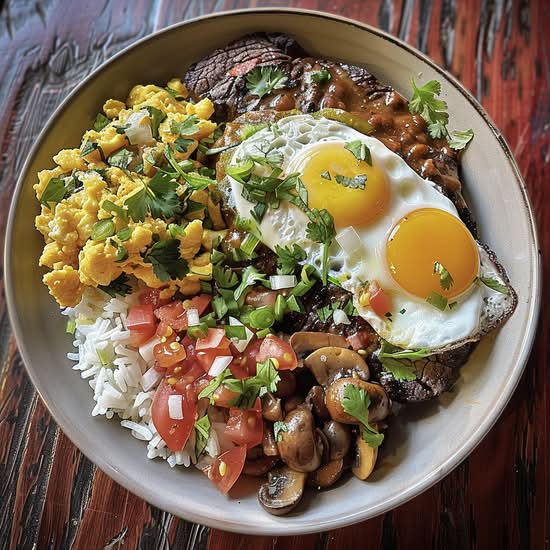 Eggs, Mushrooms and Rib Eye Steak