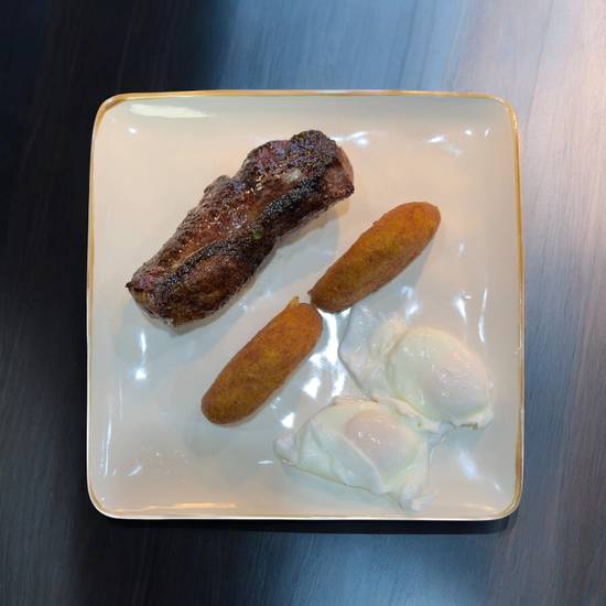 STEAK, EGGS, POTATO CAKE