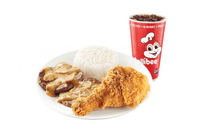 1pc Chickenjoy w/ 2pc Burger Steak w/ Side and Drink