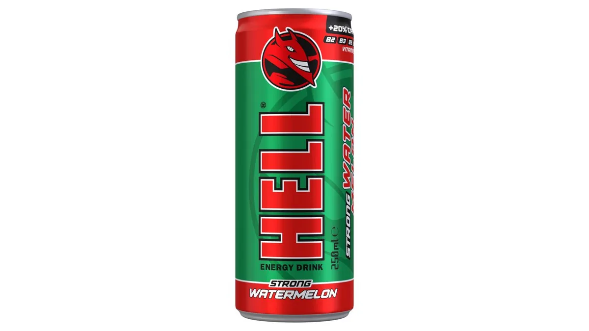 HELL Strong görögdinnye- és tuttifruttiízű, koffeintartalmú, szénsavas, alkoholmentes ital 250 ml
