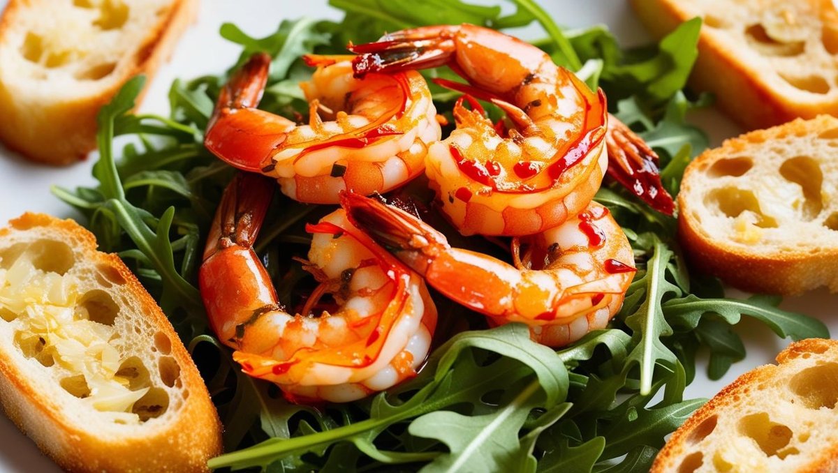 Creveti picanti cu rucola si crostini cu usturoi