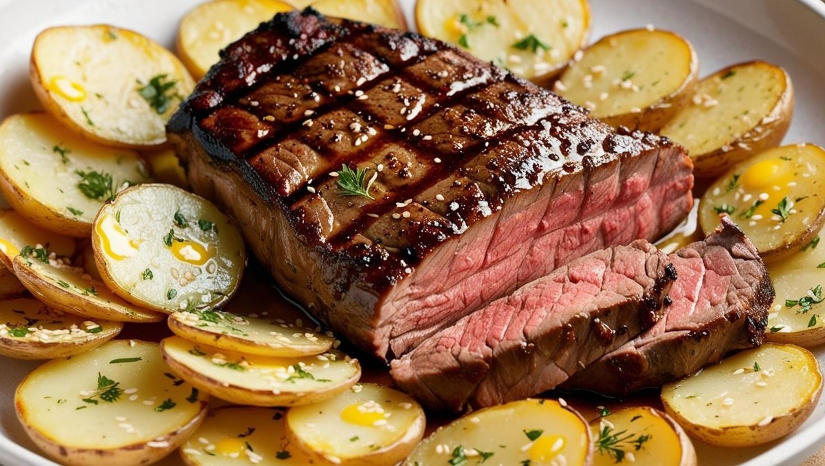 Muschi de vita Black Angus grill cu rondele de cartof copt la cuptor cu unt sarat si seminte
