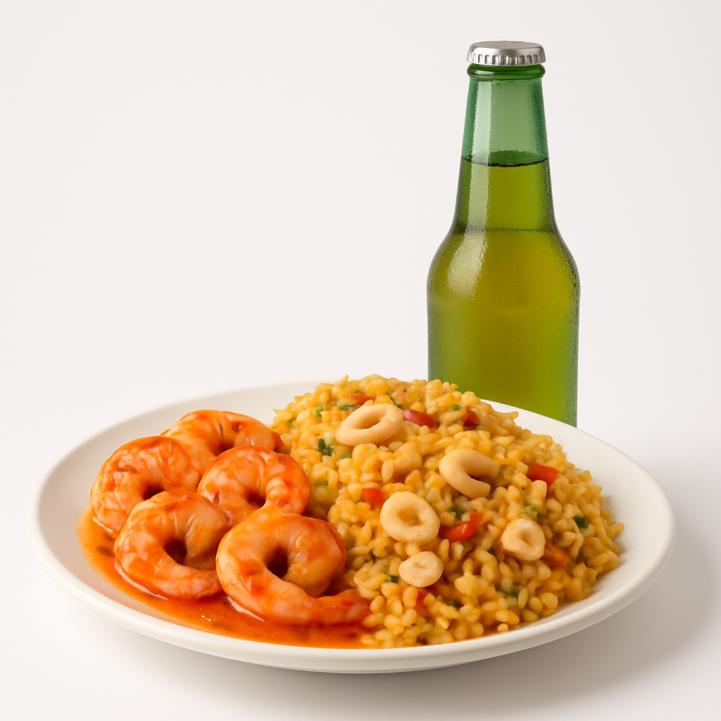 Combo: Mita y Mita Arroz con Camarones o Mariscos + Cerveza