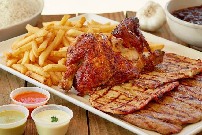 Half Chicken, Grilled Steak (½ lb), and Grilled Pork ( ½ lb)