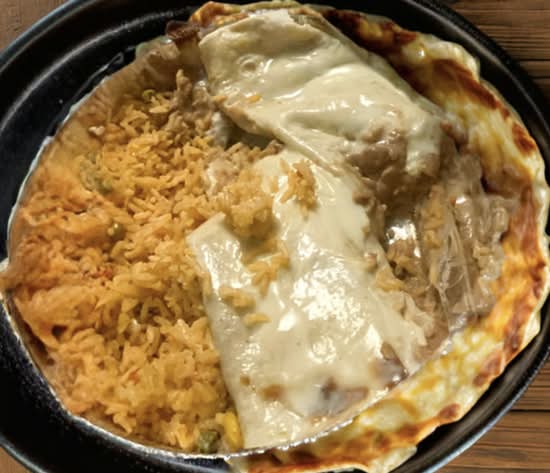 #1 Bean Burritos (2 pcs) Topped with Cheese Sauce, and a Side of Rice