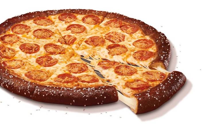 Stuffed Pretzel Crust with Cheese Sauce and Pepperoni