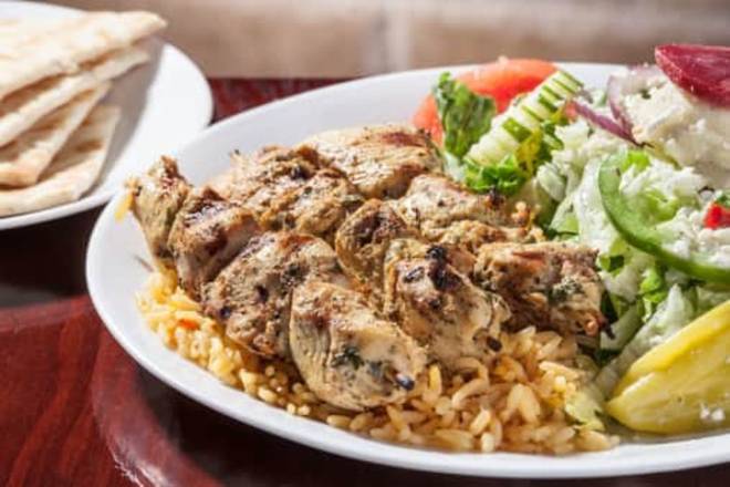Chicken Skewers with Rice and Greek Salad Dinner