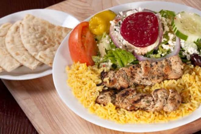 Chicken Skewers with Rice and Greek Salad