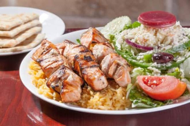 Salmon Skewers with Rice and Greek Salad Dinner