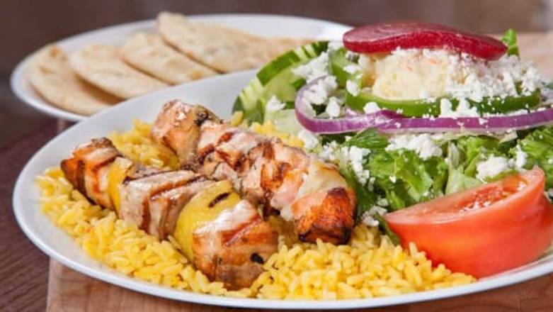 Salmon Skewers with Rice and Greek Salad