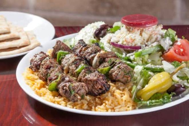 Steak Skewers with Rice and Greek Salad Dinner