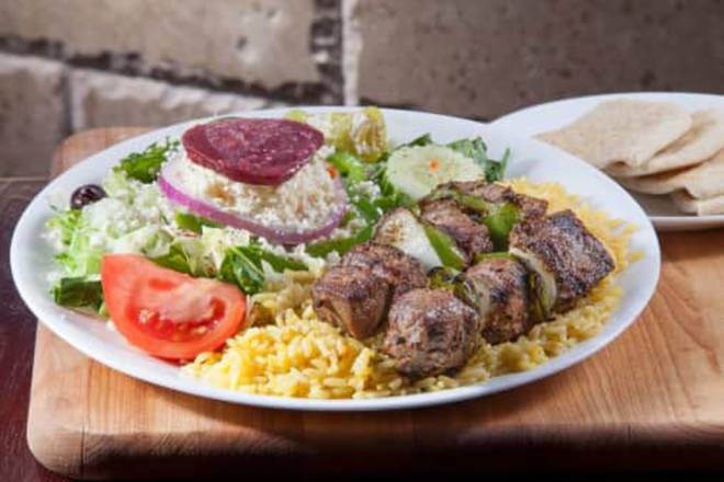 Steak Skewers with Rice and Greek Salad