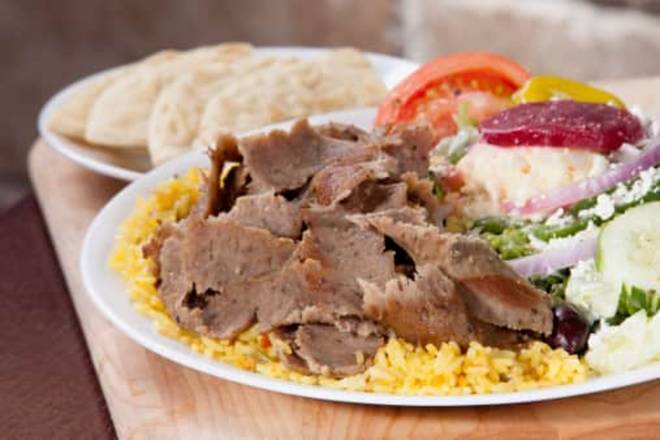 Gyro Meat with Rice and Greek Salad Dinner