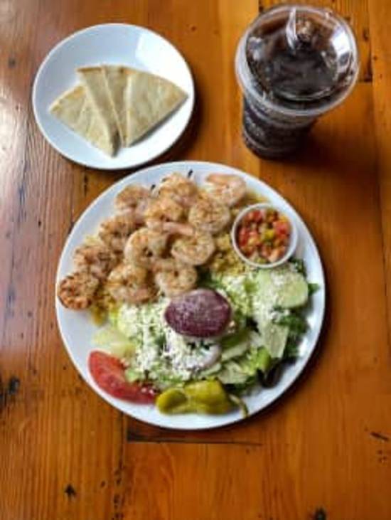 Shrimp Skewers with Rice and Greek Salad Dinner