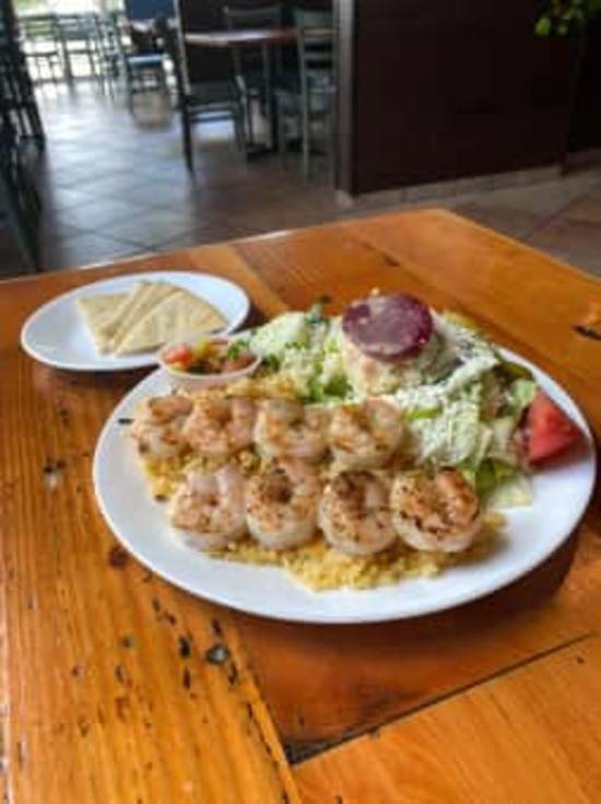 Shrimp Skewers with Rice and Greek Salad