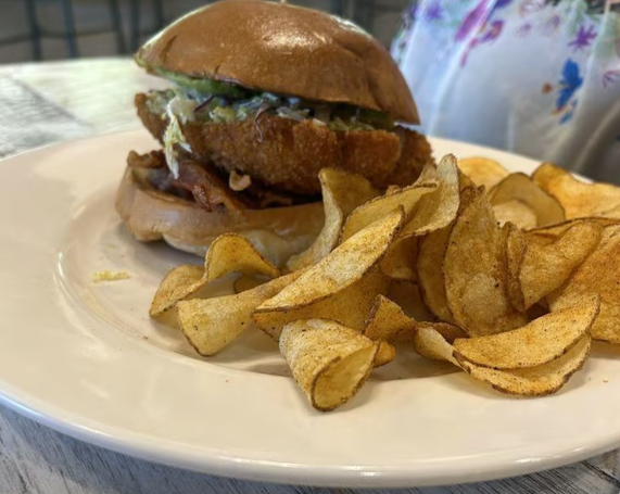 Chicken Salad On Croissant With Homemade Chips and Fruit