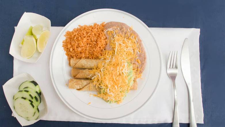 #1: Three Rolled Tacos w/ Rice and Beans