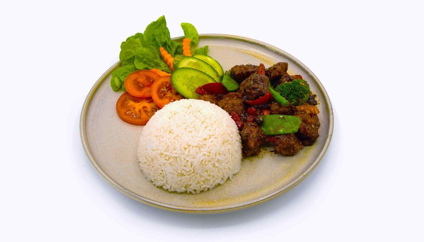 63. Chilli Satay Vegan Chicken with Jasmine Rice