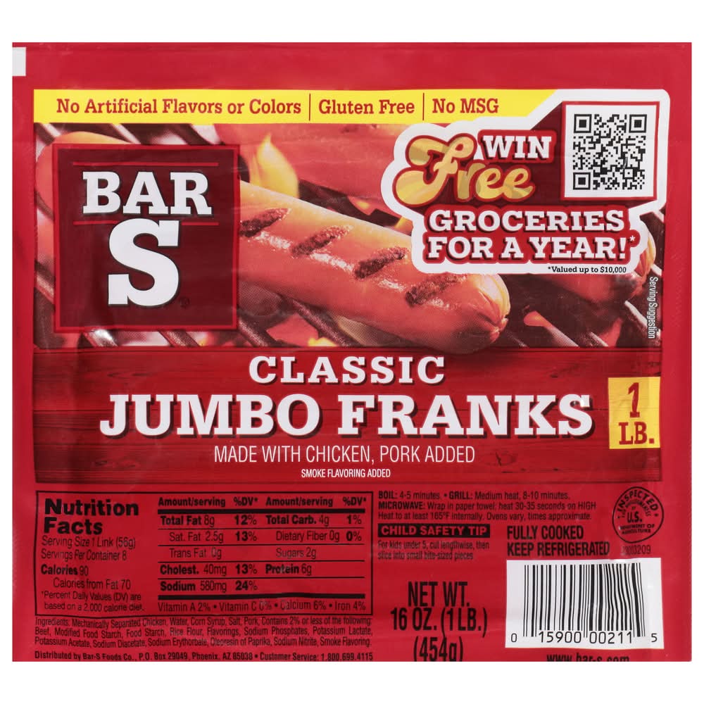 Bar-S Classic Jumbo Franks Hot Dogs, Smoke (16 oz, 8 ct)