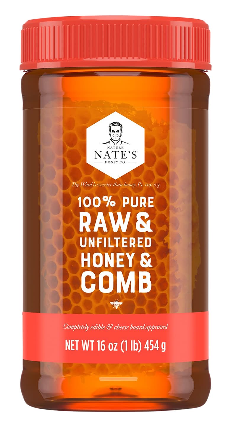 Nature Nate's Honey Co. 100 % Pure Raw and Unfiltered Honey and Comb (16 oz)