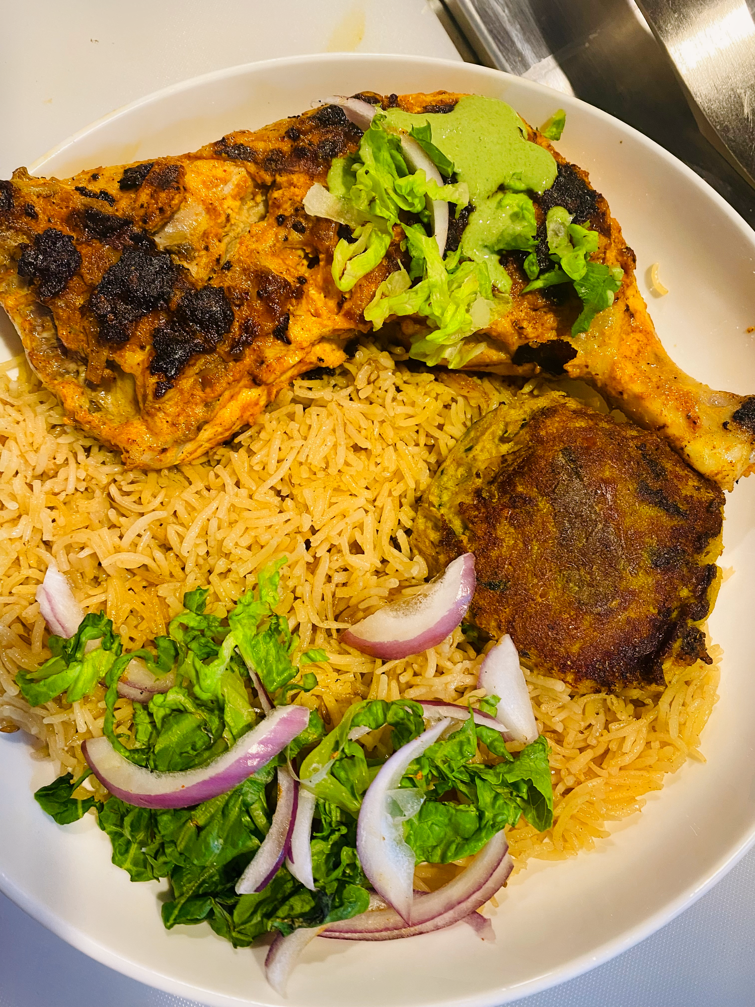Grill Chicken  tikka with Shami (Minced Chic patty) Please let us know if you dont want it spicy