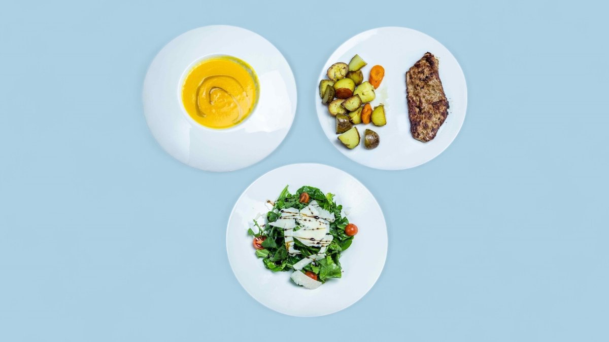 Carrot Soup + Beef Steak with Potatoes + Arugula Salad
