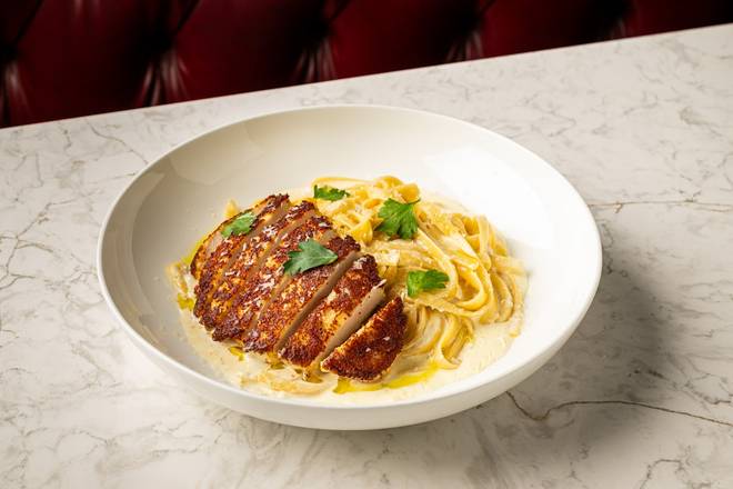 The Finest Fettuccine Alfedo with Parmesan-Crusted Chicken